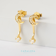 Hoa Tai Bạc 925 Không Dây Trăng và Sao Floating Stars & Moon Đính Đá Jacket Earrings  - BE93