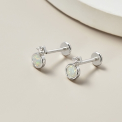 (1 Cái) Khuyên Tai Chốt Vặn Flat Back Bạc 925 Đá Opal Tròn Opal Stud Earrings - VCE514-L