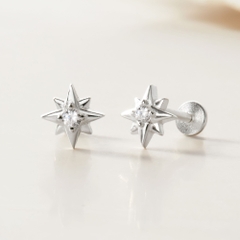 (1 Cái) Khuyên Tai Chốt Vặn Flat Back Bạc 925 Nụ Sao 8 Cánh Đính Đá - VCE515-L