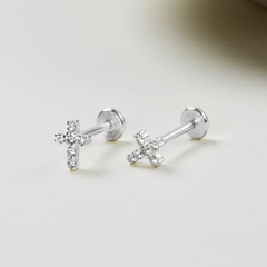 (1 Cái) Khuyên Tai Chốt Vặn Flat Back Bạc 925 Stud Nụ Thánh Giá Cross Stud - VCE523-L