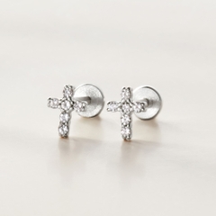 (1 Cái) Khuyên Tai Chốt Vặn Flat Back Bạc 925 Stud Nụ Thánh Giá Cross Stud - VCE523-L