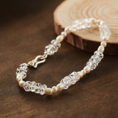 Lắc Tay Bạc 925 Ngọc Trai Tự Nhiên &  Đá Thạch Anh Trắng- VDB02