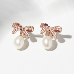 Bông Tai Nơ Bạc 925 Hình Nơ Thắt Đính Đá Gắn Ngọc Trai Tự Nhiên Pearl Bow Winter Snow - VGE04