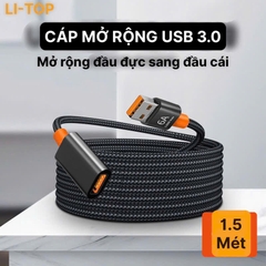Cáp mở rộng USB 3.0, 2.0 nối dài đầu đực sang đầu cái, dây bện dài 1.5 mét, hiệu Li-Top chính hãng
