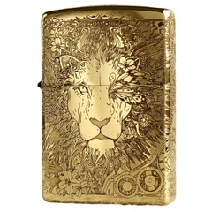 BẬT LỬA ZIPPO AMORR VỎ DÀY KHẮC ĂN MÒN 5 MẶT SƯ TỬ MẮT HOA MÀU VÀNG- VỎ ĐỒNG CÓ TEM ĐỎ