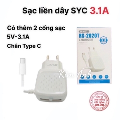 Sạc liền dây SYC có thêm 2 Cổng USB ( RS-2020T ) công suất 3.1A, liền dây chân cắm Type C, hàng nhập khẩu