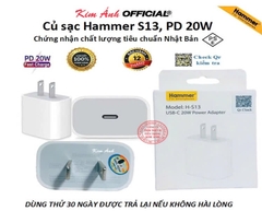 Củ sạc nhanh Hammer S13 PD 20W , đạt tiêu chuẩn chất lượng Nhật PSE, check Qr kiểm tra chính hãng, bảo hành 1 năm