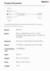 Cáp sạc 3 đầu Baseus Rapid Series 3 in 1 PD 20W
