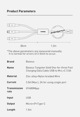 Cáp sạc nhanh 3 đầu siêu bền 3.5A Baseus Tungsten Gold Series