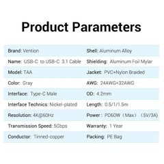 Cáp Sạc Nhanh Vention USB 3.1 C to C TAAHF (3A/60W, 4K, Cotton Braided)