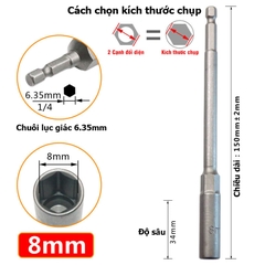 Khẩu Chụp Bulong Sâu Lòng Dài 150mm lắp nhanh cho máy Khoan Bắn Vít  Chân Lục Giác Các Cỡ 5.5 - 19mm