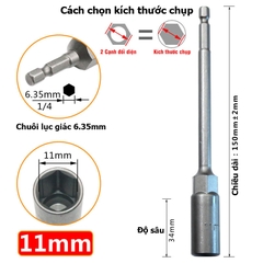 Khẩu Chụp Bulong Sâu Lòng Dài 150mm lắp nhanh cho máy Khoan Bắn Vít  Chân Lục Giác Các Cỡ 5.5 - 19mm