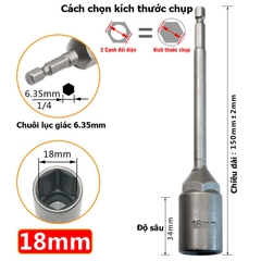 Khẩu Chụp Bulong Sâu Lòng Dài 150mm lắp nhanh cho máy Khoan Bắn Vít  Chân Lục Giác Các Cỡ 5.5 - 19mm