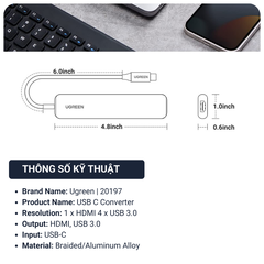 Ugreen 5-trong-1: USB-C to HDMI 4K/30Hz & 4*USB 3.0 Hub - Model 20197