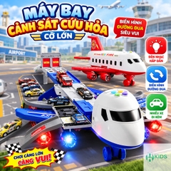 Đồ Chơi Máy Bay Cảnh Sát Cứu Hỏa Biến Hình Đường Đua – Kèm 6 Xe Ô Tô, Đèn Nhạc