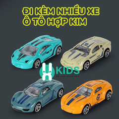 Đồ chơi xe tải container cỡ lớn biến hình đường đua lộn nhào dài 1m3 kèm nhiều ô tô hợp kim có đèn nhạc vui nhộn cho bé