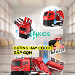 Đồ chơi xe tải container cỡ lớn biến hình đường đua lộn nhào dài 1m3 kèm nhiều ô tô hợp kim có đèn nhạc vui nhộn cho bé