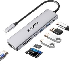 Hub 7 in 1 hãng BYEASY chuyển đổi Type-C ra HDMI 4K , USB 3.0 , USB-C 100W - BH 3 Tháng