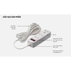 Ổ cắm kéo dài 2m tự động ngắt OC05 Rạng Đông - Tương thích với nhiều phích cắm - Vỏ nhựa ABS an toàn