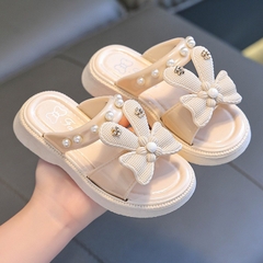 Dép lê nhựa dẻo đính nơ ngọc nhẹ chống trơn trượt cho bé sz 25-26