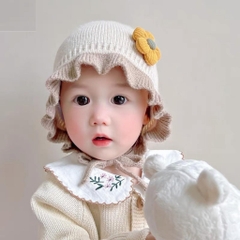 Mũ len viền bèo cho bé gái - Mũ len công chúa có vành thêu bông hoa dễ thương (có lót nỉ)