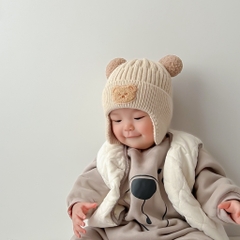 Mũ/Nón len cho bé chùm tai ấm áp, đính hình gấu hai quả bông màu sắc dễ thương, từ 5 tháng đến 3 tuổi