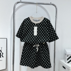 Set Bộ Đồ Nữ Họa Tiết Chữ BB Áo Phông Ngắn Tay Phối Viền Cổ Mix Quần Sooc Đùi Freesize Form Rộng
