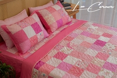 Bộ chăn gối ghép vuông, hồng trắng, chần máy, size 2x2,2m