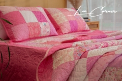 Bộ chăn gối ghép vuông, hồng trắng, chần máy, size 2x2,2m