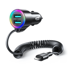 Tẩu sạc nhanh Joyroom CL25 3.4A có RGB 3 in 1 với 2 cổng USB + 1iP nối dài Car Charger with Coiled