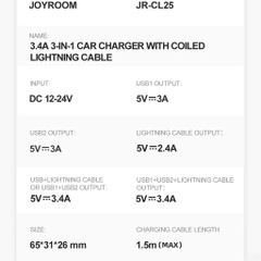 Tẩu sạc nhanh Joyroom CL25 3.4A có RGB 3 in 1 với 2 cổng USB + 1iP nối dài Car Charger with Coiled
