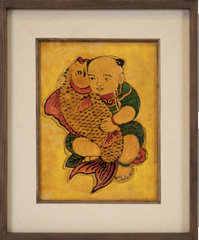 TRANH SƠN MÀI EM BÉ ÔM CÁ CHÉP