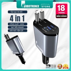 HubbSmart TS04. Tẩu Sạc Ôtô Đa Năng 4 trong 1- Có dây rút – Sạc Nhanh 120W  Cho Điện Thoại, Laptop, Và Máy Ảnh