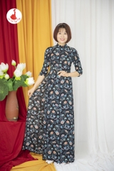 Áo dài hoa nhí cổ 2.5cm vải Von Hàn