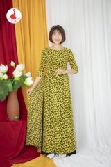 Áo dài hoa nhí cổ tròn vải lụa Hàn Châu