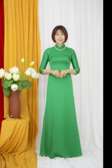 Áo dài màu xanh trơn cổ truyền thống 3cm vải Ánh sao Thái Tuấn