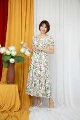 Váy xoè cổ vuông vải lụa Hàn Châu