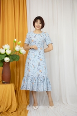 Váy đuôi cá màu xanh cổ tròn vải lụa Hàn Châu