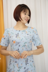 Váy đuôi cá màu xanh cổ tròn vải lụa Hàn Châu