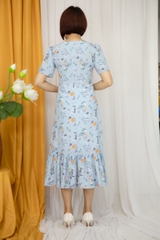 Váy đuôi cá màu xanh cổ tròn vải lụa Hàn Châu