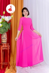 Áo dài màu hồng trơn cổ tròn vải Chifon