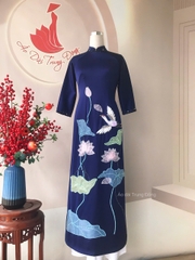 Áo dài chất vải lụa queen đính kết hoa sen thêu chim / Áo dài trung Đồng