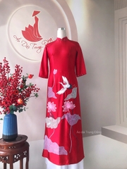 Áo dài chất vải lụa queen đính kết hoa sen thêu chim / Áo dài trung Đồng