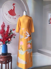 Áo dài chất vải lụa queen đính kết hoa sen thêu chim / Áo dài trung Đồng