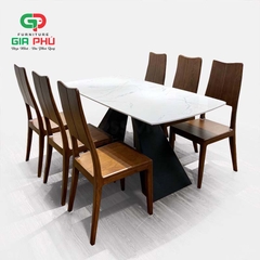 Bộ bàn ăn mặt đá chân sắt 6 ghế gỗ tần bì - BBG38