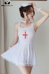 SMS329 - set đồ cosplay y tá gồm váy 2 dây kèm quần lọt khe và mũ