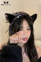 SMP099 - Bờm tai mèo gắn chuông, thiết kế băng đô ren có dây