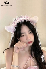 SMP099 - Bờm tai mèo gắn chuông, thiết kế băng đô ren có dây