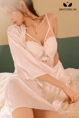 SMS006 - Váy ngủ 2 dây mỏng sexy phối ren xuyên thấu kèm áo choàng