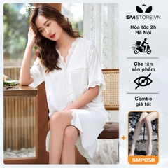 SMS021 - Xuyên thấu áo sơ mi trắng mặc ngủ vải mỏng dáng dài gợi cảm
